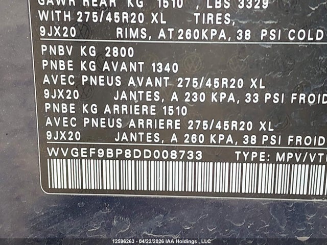 2013 Volkswagen Touareg V6 მანქანა იყიდება აუქციონზე, vin: WVGEF9BP8DD008733, აუქციონის ნომერი: 12596263