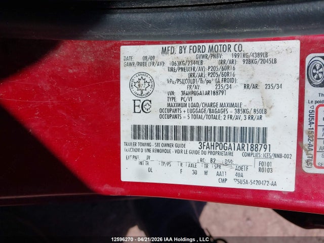 2010 Ford Fusion მანქანა იყიდება აუქციონზე, vin: 3FAHP0GA1AR188791, აუქციონის ნომერი: 12596270