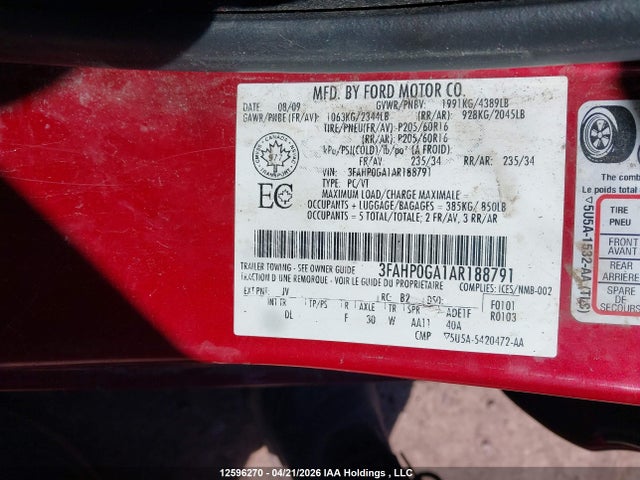 2010 Ford Fusion მანქანა იყიდება აუქციონზე, vin: 3FAHP0GA1AR188791, აუქციონის ნომერი: 12596270