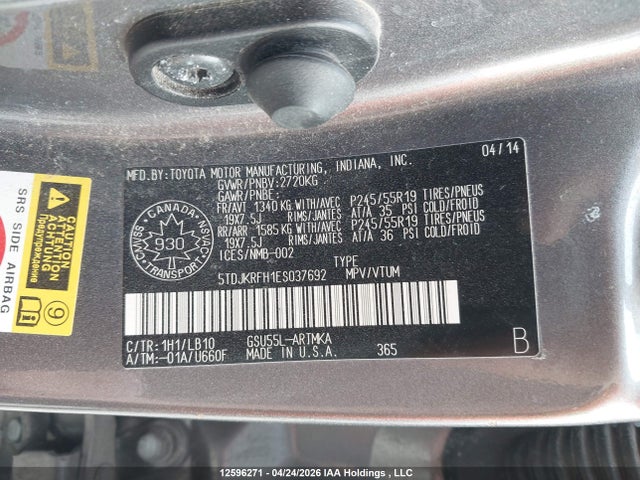 12596271 :رقم المزاد ، 5TDJKRFH1ES037692 vin ، 2014 Toyota Highlander Xle مزاد بيع