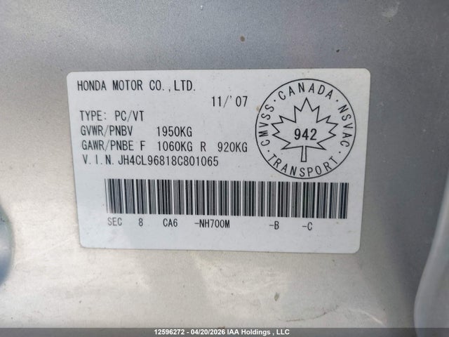 Продажа на аукционе авто 2008 Acura Tsx, vin: JH4CL96818C801065, номер лота: 12596272