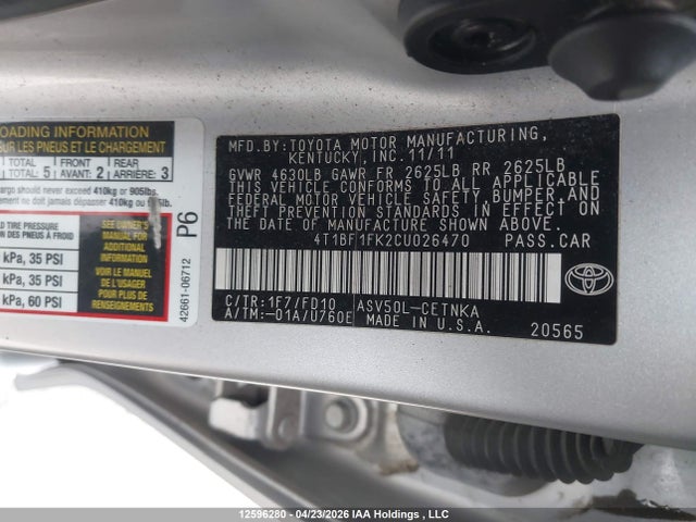 2012 Toyota Camry Le მანქანა იყიდება აუქციონზე, vin: 4T1BF1FK2CU026470, აუქციონის ნომერი: 12596280