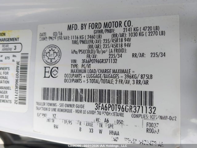 Продажа на аукционе авто 2016 Ford Fusion Se, vin: 3FA6P0T96GR371132, номер лота: 12596300