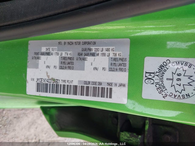 12596306 :رقم المزاد ، JM1DE1KY4C0134901 vin ، 2012 Mazda Mazda2 مزاد بيع