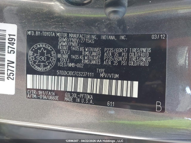 12596307 :رقم المزاد ، 5TDZK3DC7CS237111 vin ، 2012 Toyota Sienna مزاد بيع