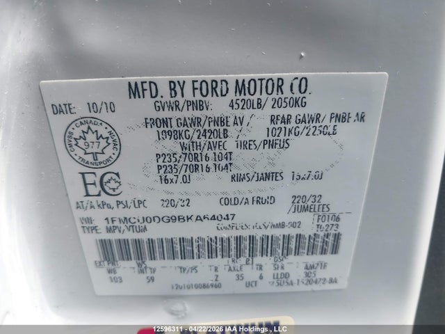 12596311 :رقم المزاد ، 1FMCU0DG9BKA64047 vin ، 2011 Ford Escape مزاد بيع