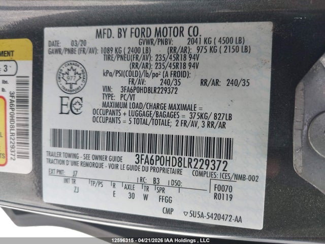 Продажа на аукционе авто 2020 Ford Fusion Se, vin: 3FA6P0HD8LR229372, номер лота: 12596315