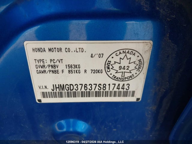 Aukcja sprzedaży 2007 Honda Fit S, vin: JHMGD37637S817443, numer aukcji: 12596319