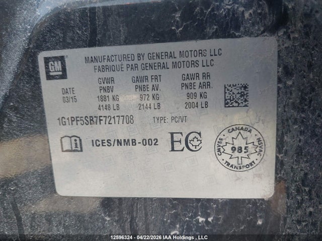 2015 Chevrolet Cruze მანქანა იყიდება აუქციონზე, vin: 1G1PF5SB7F7217708, აუქციონის ნომერი: 12596324