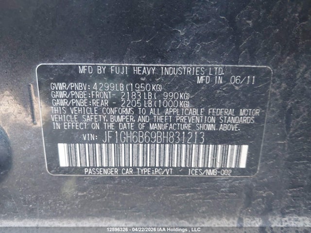 Aukcja sprzedaży 2011 Subaru Impreza 2.5i Premium, vin: JF1GH6B69BH831213, numer aukcji: 12596326