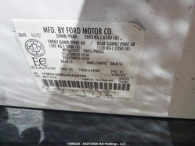 12596328 :رقم المزاد ، 1FM5K8D80JGA22180 vin ، 2018 Ford Explorer Xlt مزاد بيع