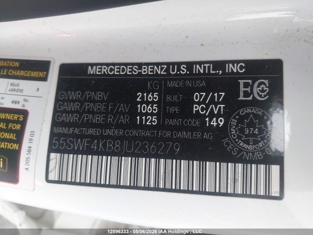 Продажа на аукционе авто 2018 Mercedes-benz C 300 4matic, vin: 55SWF4KB8JU236279, номер лота: 12596333