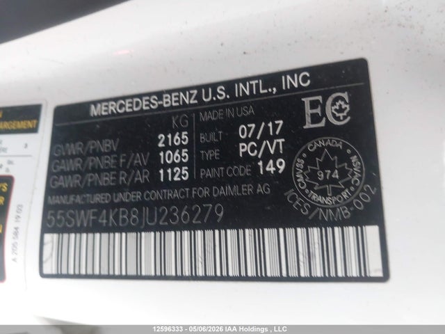 12596333 :رقم المزاد ، 55SWF4KB8JU236279 vin ، 2018 Mercedes-benz C 300 4matic مزاد بيع