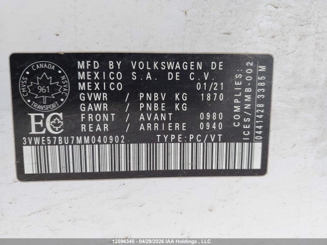 Продажа на аукционе авто 2021 Volkswagen Jetta, vin: 3VWE57BU7MM040902, номер лота: 12596345