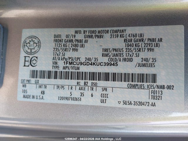 Продажа на аукционе авто 2019 Ford Escape Se, vin: 1FMCU9GD4KUC39945, номер лота: 12596347