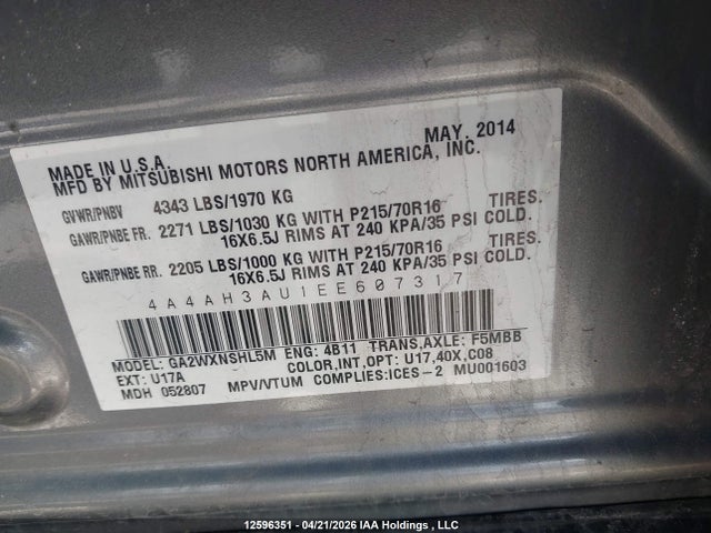 4A4AH3AU1EE607317 Mitsubishi RVR