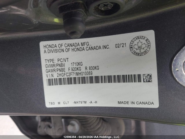 Продажа на аукционе авто 2021 Honda Civic Ex, vin: 2HGFC2F71MH010069, номер лота: 12596354