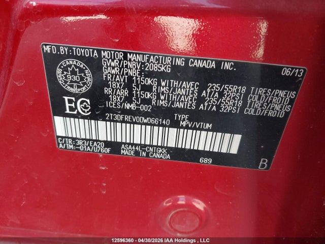 12596360 :رقم المزاد ، 2T3DFREV0DW066140 vin ، 2013 Toyota Rav4 Limited مزاد بيع