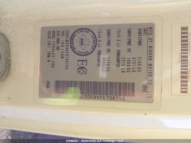 Продажа на аукционе авто 2015 Nissan Nv200, vin: 3N6CM0KN4FK708745, номер лота: 12596361