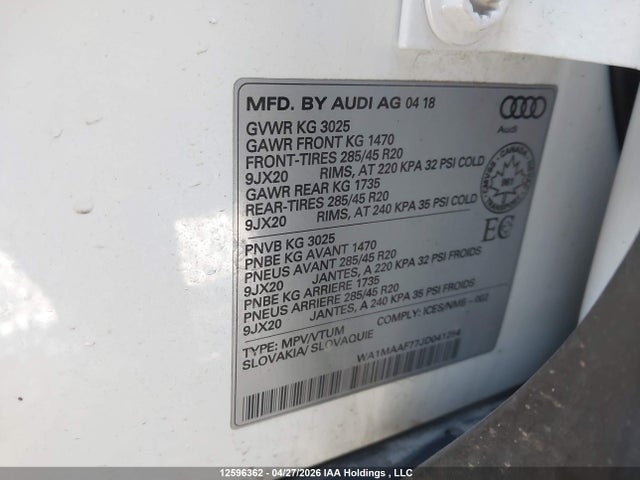 Auction sale of the 2018 Audi Q7 3.0t Progressiv, vin: WA1MAAF77JD041254, lot number: 12596362