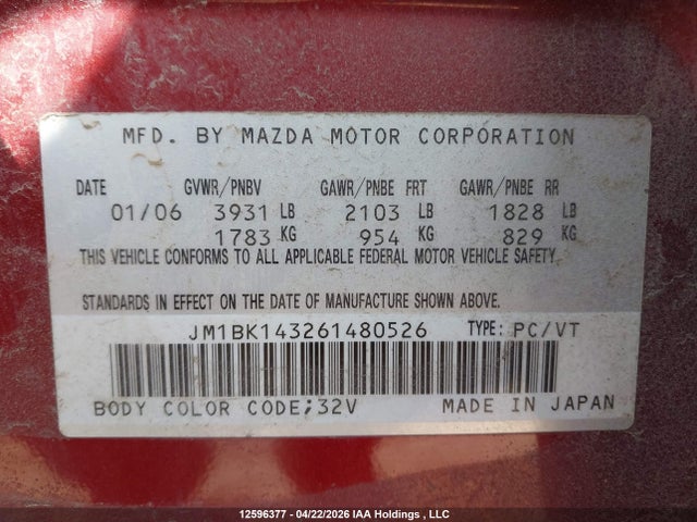 Продажа на аукционе авто 2006 Mazda Mazda3 Gs/gt, vin: JM1BK143261480526, номер лота: 12596377