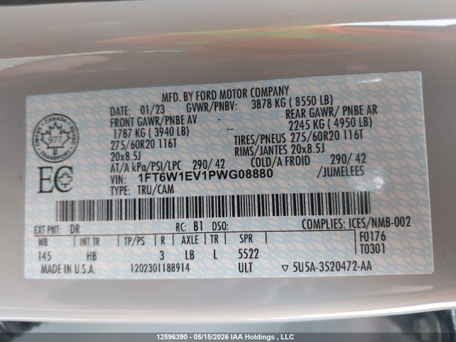 2023 Ford F150 Lightning Pro/lightning Xlt/lightning Lariat/lightning Platinum მანქანა იყიდება აუქციონზე, vin: 1FT6W1EV1PWG08880, აუქციონის ნომერი: 12596390