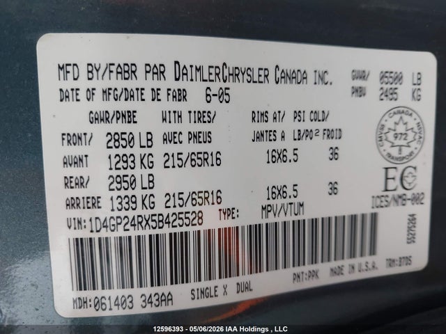 12596393 :رقم المزاد ، 1D4GP24RX5B425528 vin ، 2005 Dodge Grand Caravan مزاد بيع