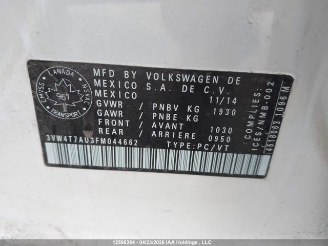 12596394 :رقم المزاد ، 3VW4T7AU3FM044662 vin ، 2015 Volkswagen Golf Gti 5-door Autobahn مزاد بيع