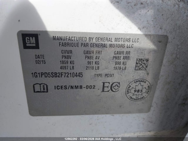 2015 Chevrolet Cruze 1lt მანქანა იყიდება აუქციონზე, vin: 1G1PD5SB2F7210445, აუქციონის ნომერი: 12562292