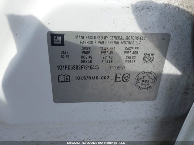 2015 Chevrolet Cruze 1lt მანქანა იყიდება აუქციონზე, vin: 1G1PD5SB2F7210445, აუქციონის ნომერი: 12562292