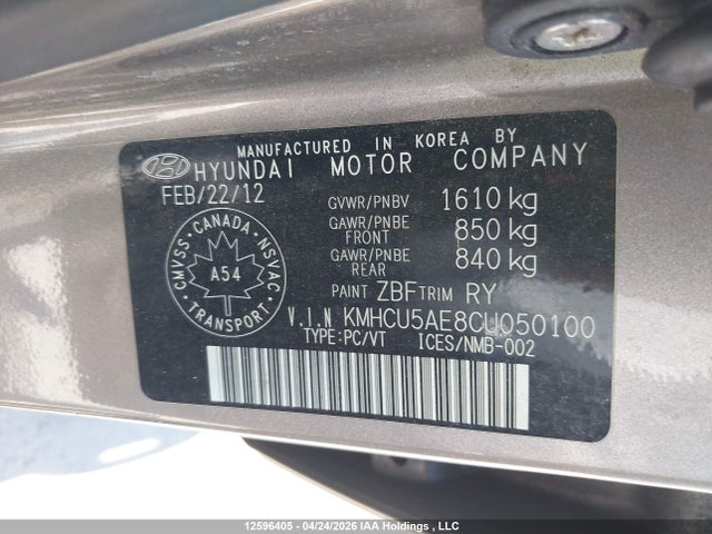 2012 Hyundai Accent მანქანა იყიდება აუქციონზე, vin: KMHCU5AE8CU050100, აუქციონის ნომერი: 12596405
