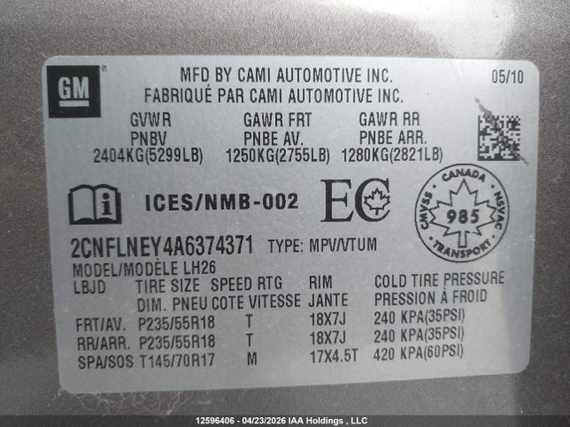 2010 Chevrolet Equinox Lt მანქანა იყიდება აუქციონზე, vin: 2CNFLNEY4A6374371, აუქციონის ნომერი: 12596406
