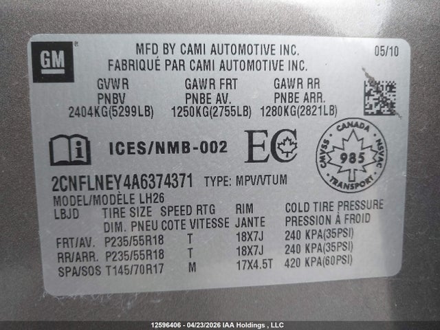 2010 Chevrolet Equinox Lt მანქანა იყიდება აუქციონზე, vin: 2CNFLNEY4A6374371, აუქციონის ნომერი: 12596406