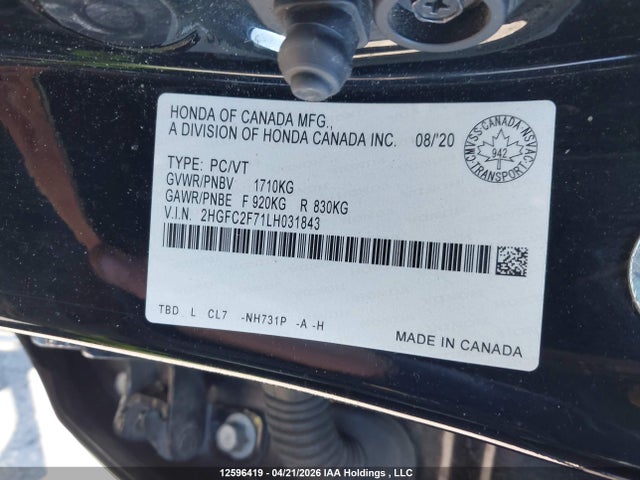 12596419 :رقم المزاد ، 2HGFC2F71LH031843 vin ، 2020 Honda Civic Ex مزاد بيع