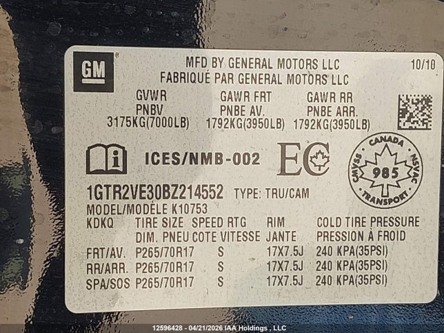 Aukcja sprzedaży 2011 Gmc Sierra K1500 Sle, vin: 1GTR2VE30BZ214552, numer aukcji: 12596428