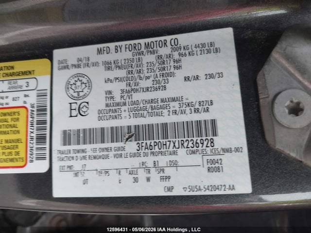 3FA6P0H7XJR236928 Ford FUSION SE