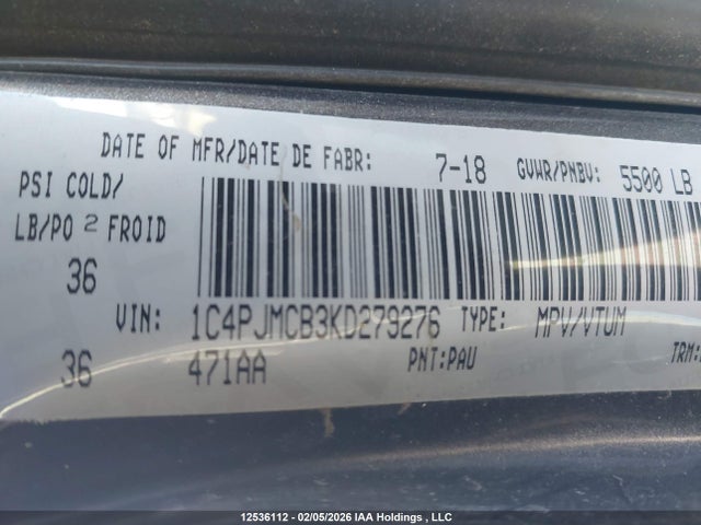 12536112 :رقم المزاد ، 1C4PJMCB3KD279276 vin ، 2019 Jeep Cherokee North مزاد بيع