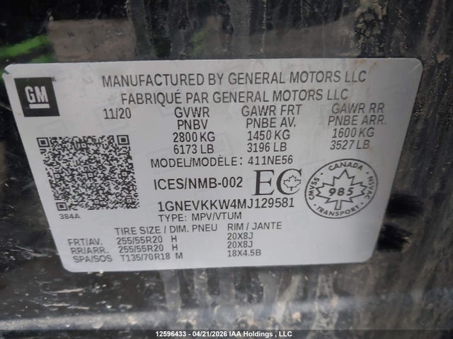 1GNEVKKW4MJ129581 Chevrolet Traverse Premier