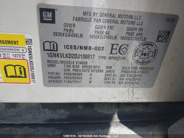 2013 Chevrolet Traverse Ltz მანქანა იყიდება აუქციონზე, vin: 1GNKVLKD2DJ108817, აუქციონის ნომერი: 12581516