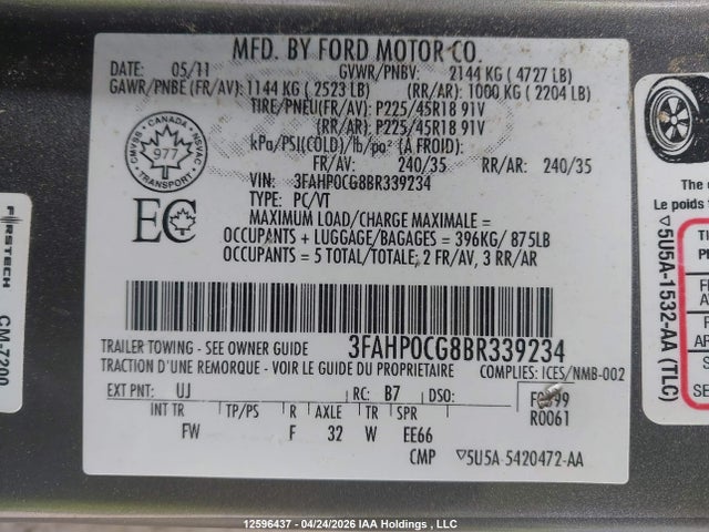 Продажа на аукционе авто 2011 Ford Fusion Sel, vin: 3FAHP0CG8BR339234, номер лота: 12596437