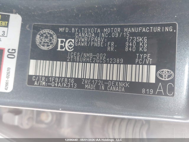 2016 Toyota Corolla L/le/le Pls/prm/s/s Pls მანქანა იყიდება აუქციონზე, vin: 2T1BURHE2GC512389, აუქციონის ნომერი: 12596440
