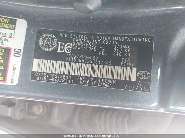 2016 Toyota Corolla L/le/le Pls/prm/s/s Pls მანქანა იყიდება აუქციონზე, vin: 2T1BURHE2GC512389, აუქციონის ნომერი: 12596440