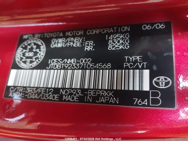 Продаж на аукціоні авто 2007 Toyota Yaris, vin: JTDBT923371054568, номер лоту: 12596451