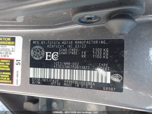 2023 Toyota Camry Hybrid Le მანქანა იყიდება აუქციონზე, vin: 4T1C31AK7PU611877, აუქციონის ნომერი: 12596455