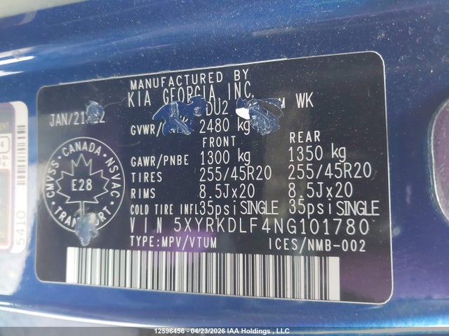 Продажа на аукционе авто 2022 Kia Sorento Sx/sxp, vin: 5XYRKDLF4NG101780, номер лота: 12596456