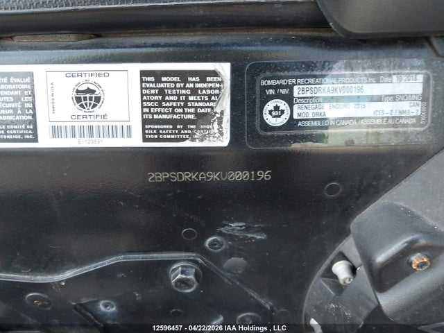 Aukcja sprzedaży 2019 Skidoo Renegade Enduro, vin: 2BPSDRKA9KV000196, numer aukcji: 12596457