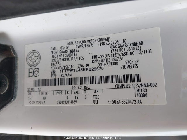 Продаж на аукціоні авто 2019 Ford F-150 Xlt, vin: 1FTFW1E45KFB29670, номер лоту: 12596462