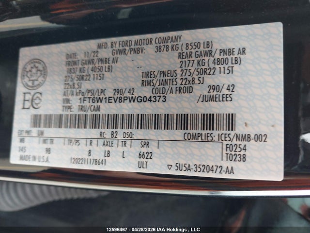 2023 Ford F-150 Lightning Platinum მანქანა იყიდება აუქციონზე, vin: 1FT6W1EV8PWG04373, აუქციონის ნომერი: 12596467
