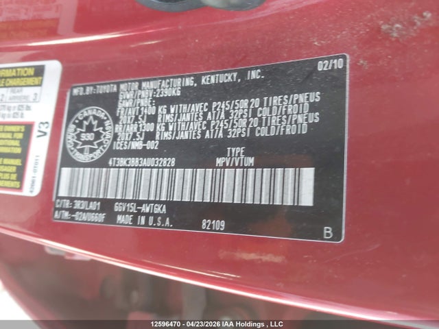 12596470 :رقم المزاد ، 4T3BK3BB3AU032828 vin ، 2010 Toyota Venza مزاد بيع