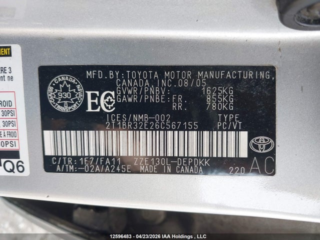 Aukcja sprzedaży 2006 Toyota Corolla Ce/le/s, vin: 2T1BR32E26C567155, numer aukcji: 12596483